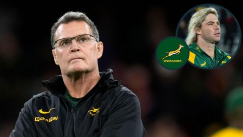 A two layered image of Rassie Erasmus and Faf de Klerk