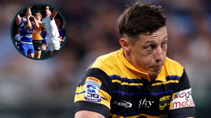 Cam Roigard in action for the Hurricanes and contrasting emotions following Exeter's PREM semi-final victory over Bath (inset).