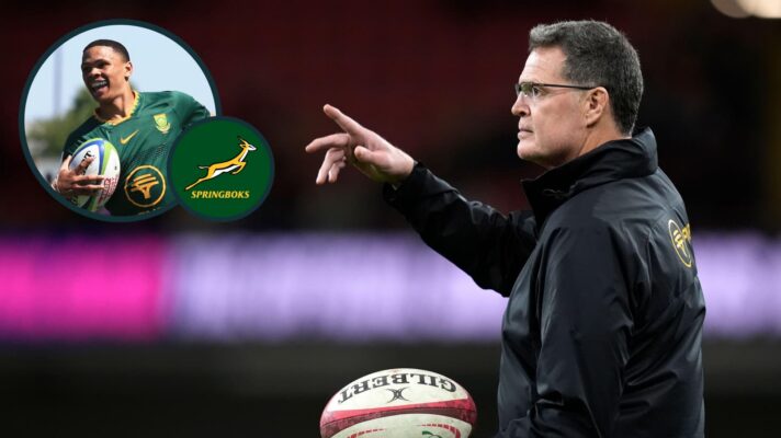 Springboks head coach Rassie Erasmus and an inset of SA'A winger Jaco Williams.