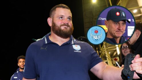 Bulls prop Wilco Louw (INPHO/Ryan Byrne/EPCR Rugby) and an inset of head coach Johan Ackermann. (INPHO/Bryan Keane/EPCR Rugby)