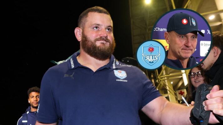 Bulls prop Wilco Louw (INPHO/Ryan Byrne/EPCR Rugby) and an inset of head coach Johan Ackermann. (INPHO/Bryan Keane/EPCR Rugby)