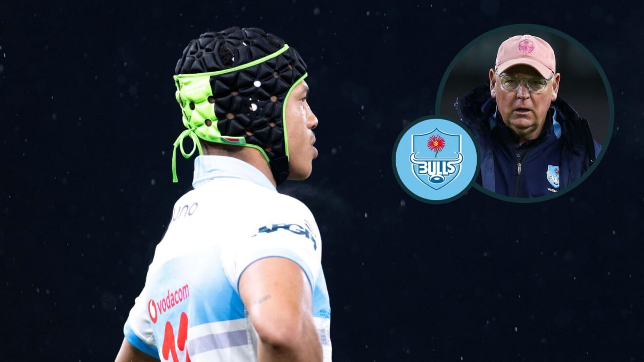 Bulls winger Kurt-Lee Arendse and an inset of ex-head coach Jake White.