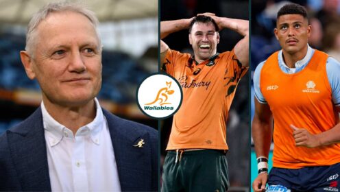 Wallabies boss Joe Schmidt and locks Nick Frost and Miles Amatosero.