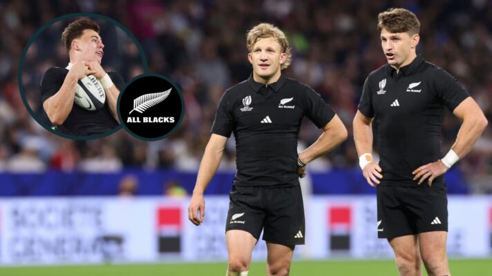 Damian McKenzie alongside Beauden Barrett for the All Blacks, and Ruben Love (inset) taking a high ball.