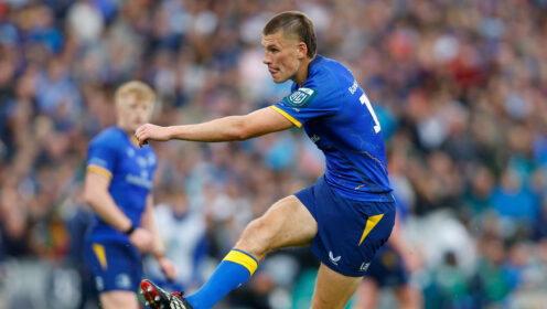 Sam Prendergast kicking at goal for Leinster.