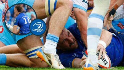 Two layer image of Leinster's Jack Conan and Sam Prendergast