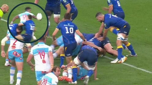 Harold Vorster grounding the ball during the URC Final against Leinster and an inset of Canan Moodie's pass in the build up to Ruan Nortje's disallowed try.