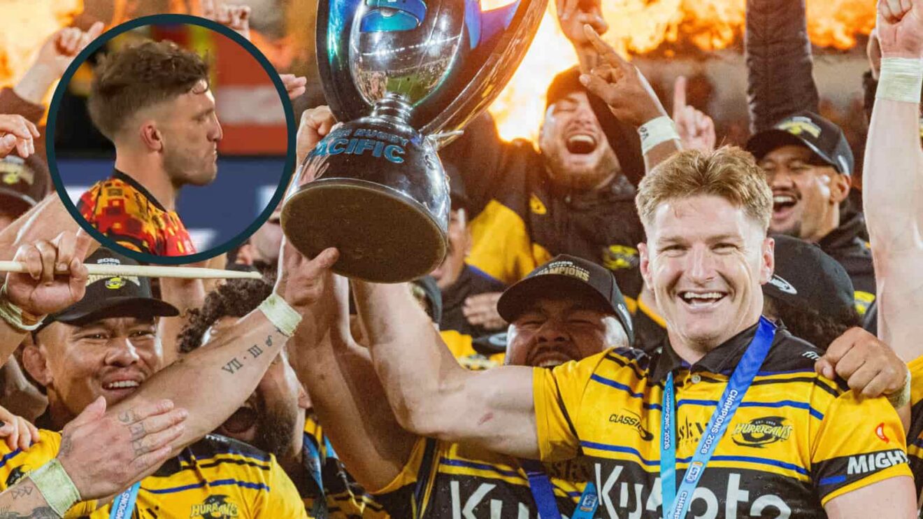 Jordie Barrett lifts the Super Rugby Pacific trophy and inset of Damian McKenzie.