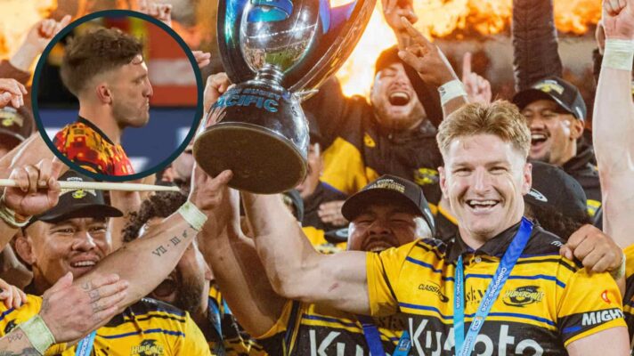 Jordie Barrett lifts the Super Rugby Pacific trophy and inset of Damian McKenzie.