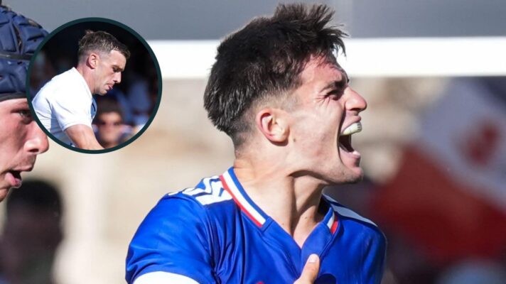 France's Nolan Le Garrec and an inset of England's George Ford.