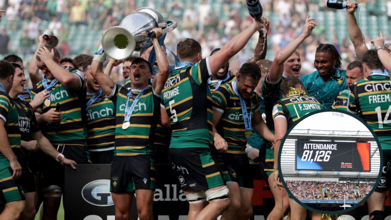 George Furbank and Northampton Saints celebrate with PREM Rugby trophy.