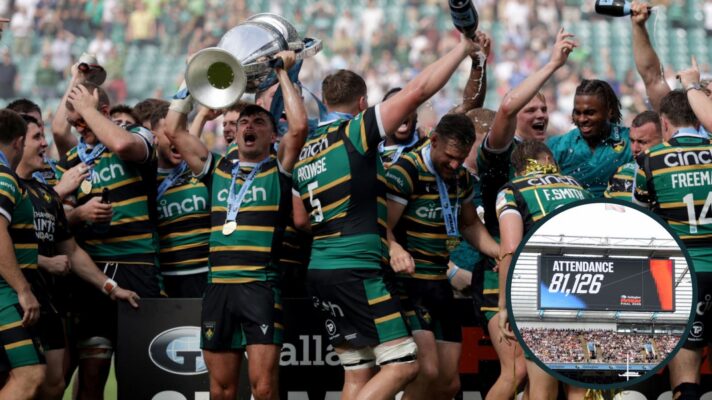 George Furbank and Northampton Saints celebrate with PREM Rugby trophy.