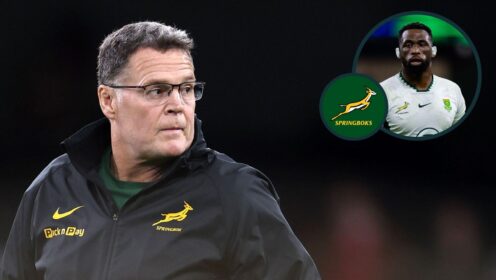 A two layered image of Rassie Erasmus and Siya Kolisi