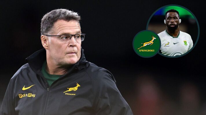 A two layered image of Rassie Erasmus and Siya Kolisi
