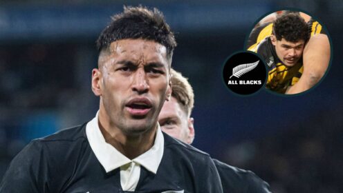 All Blacks back Rieko Ioane and Hurricanes flanker Du'Plessis Kirifi. (inset)