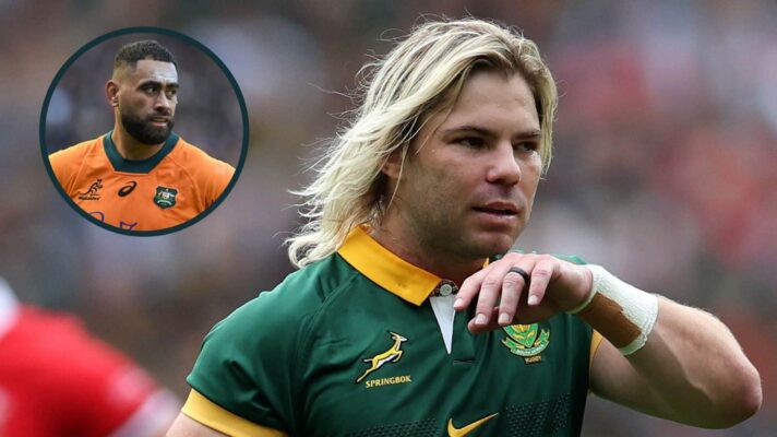 Springboks scrum-half Faf de Klerk and an inset of Wallabies lock Lukhan Salakaia-Loto.