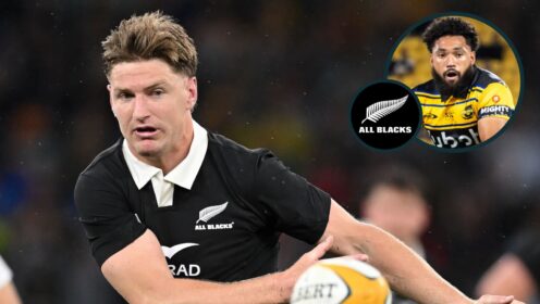 Jordie Barrett in action for the All Blacks and fellow Hurricanes star Fehi Fineanganofo (inset).