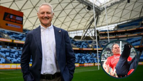 Outgoing Wallabies head coach Joe Schmidt and All Blacks boss Dave Rennie.