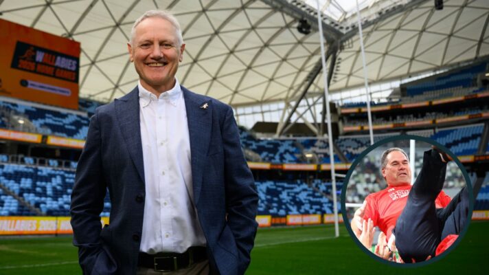 Outgoing Wallabies head coach Joe Schmidt and All Blacks boss Dave Rennie.