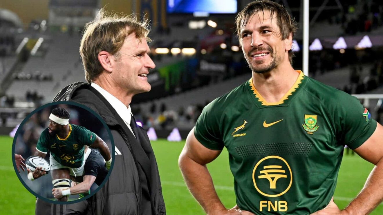 Scott Robertson and Eben Etzebeth with an inset of Springboks captain Siya Kolisi in action against the All Blacks.