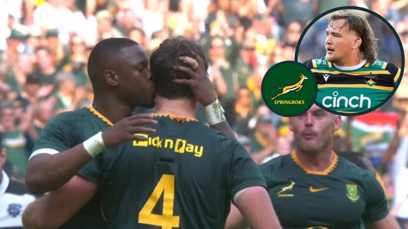 Riley Norton celebrates scoring for the Springboks and an inset of Northampton Saints lock JJ van der Mescht.