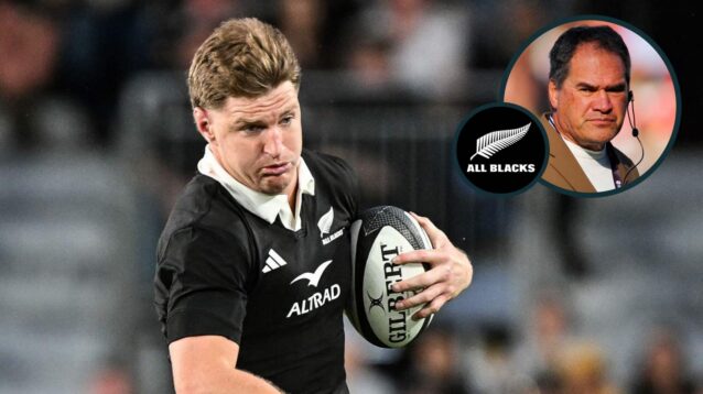 Jordie Barrett in action for the All Blacks and new head coach Dave Rennie (inset).