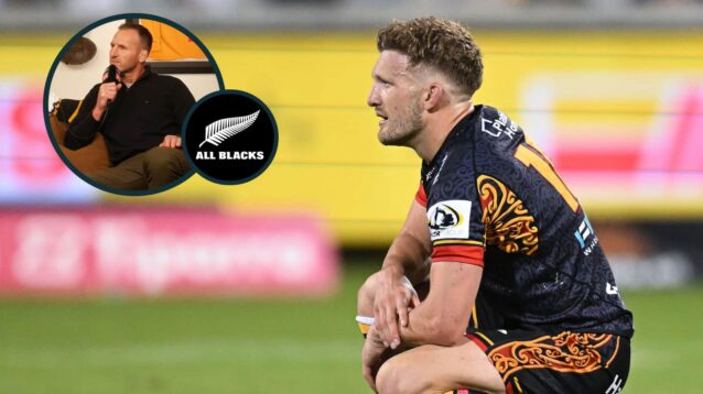 Damian McKenzie in action for the Chiefs and All Blacks legend Kieran Read (inset).