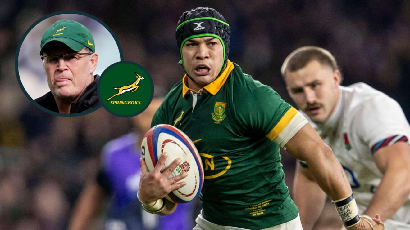 Springboks winger Cheslin Kolbe in action against England and an inset of Rassie Erasmus.