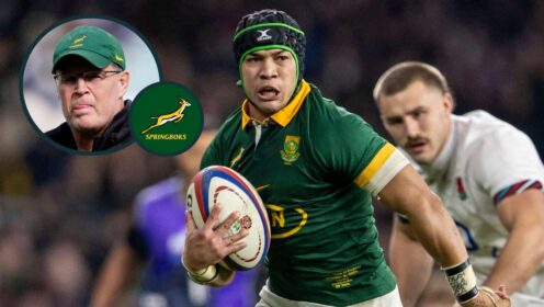 Springboks winger Cheslin Kolbe in action against England and an inset of Rassie Erasmus.