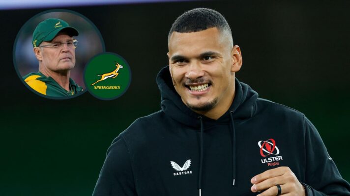 Juarno Augustus and an inset of Springboks head coach Rassie Erasmus.