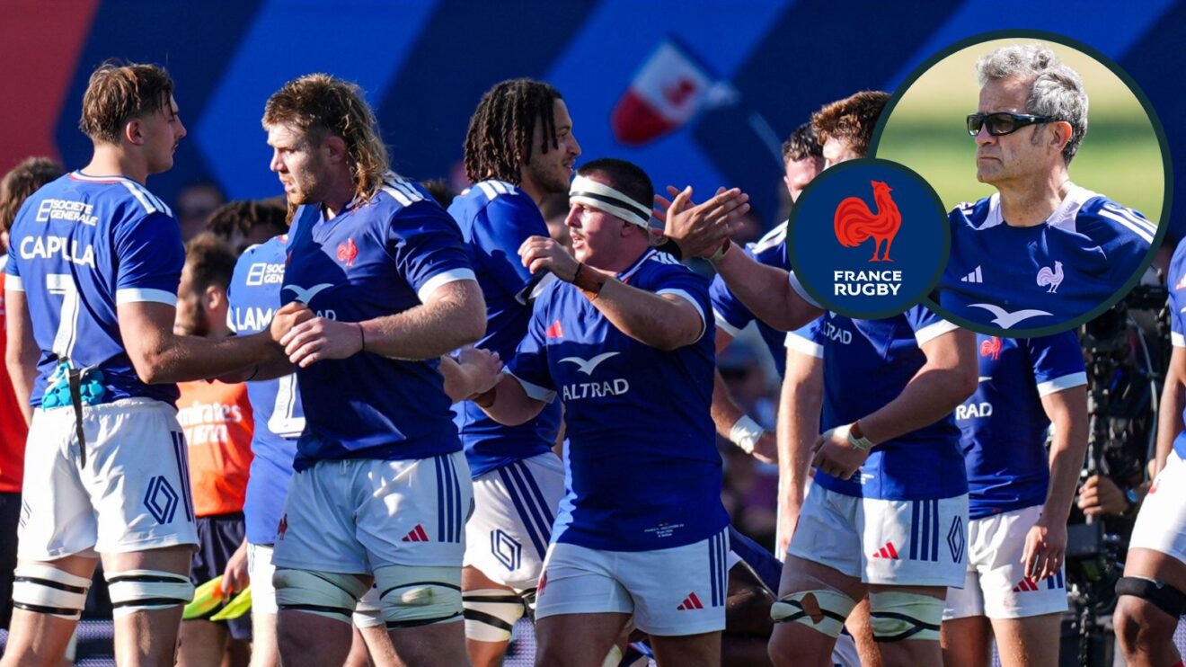 A two layered image of Fabien Galthie and France players