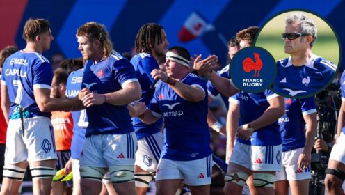 A two layered image of Fabien Galthie and France players
