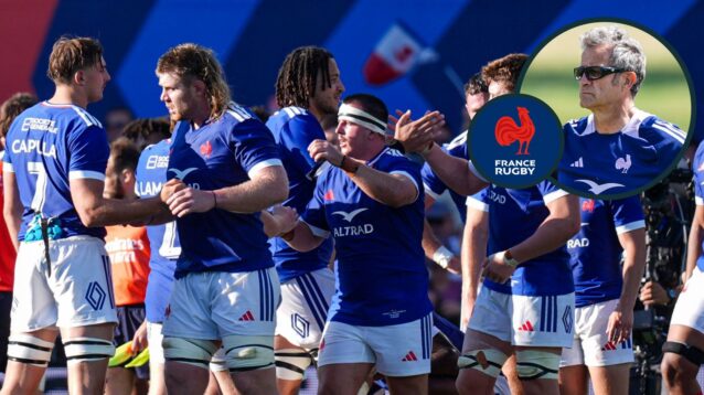 A two layered image of Fabien Galthie and France players
