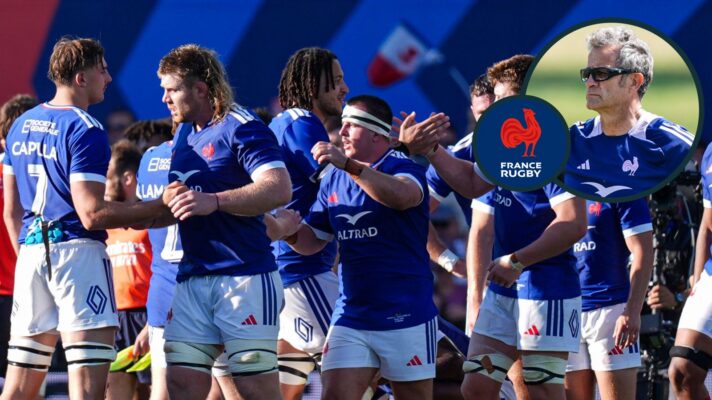 A two layered image of Fabien Galthie and France players
