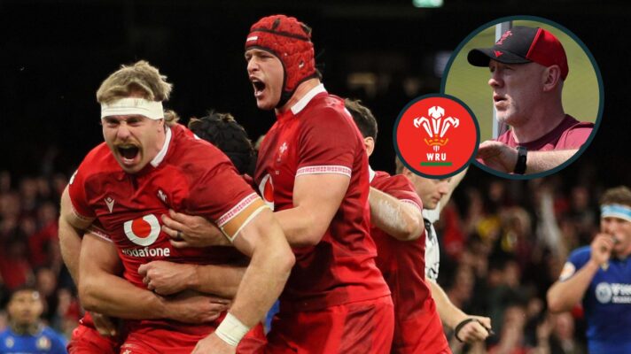 A two layered image of Wales players celebrating and Steve Tandy