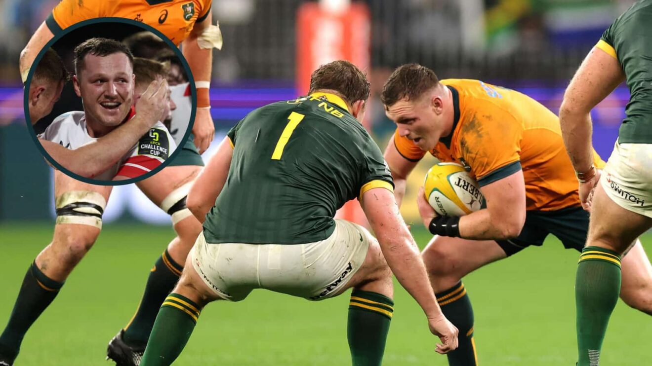 Wallabies prop Angus Bell in action against South Africa and an inset of him at Ulster.