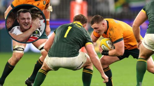 Wallabies prop Angus Bell in action against South Africa and an inset of him at Ulster.