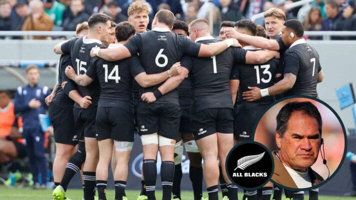 All Blacks team in a huddle and new head coach Dave Rennie (inset).