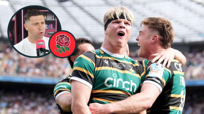Henry Pollock during the PREM Rugby final and an inset of England great Ben Youngs.