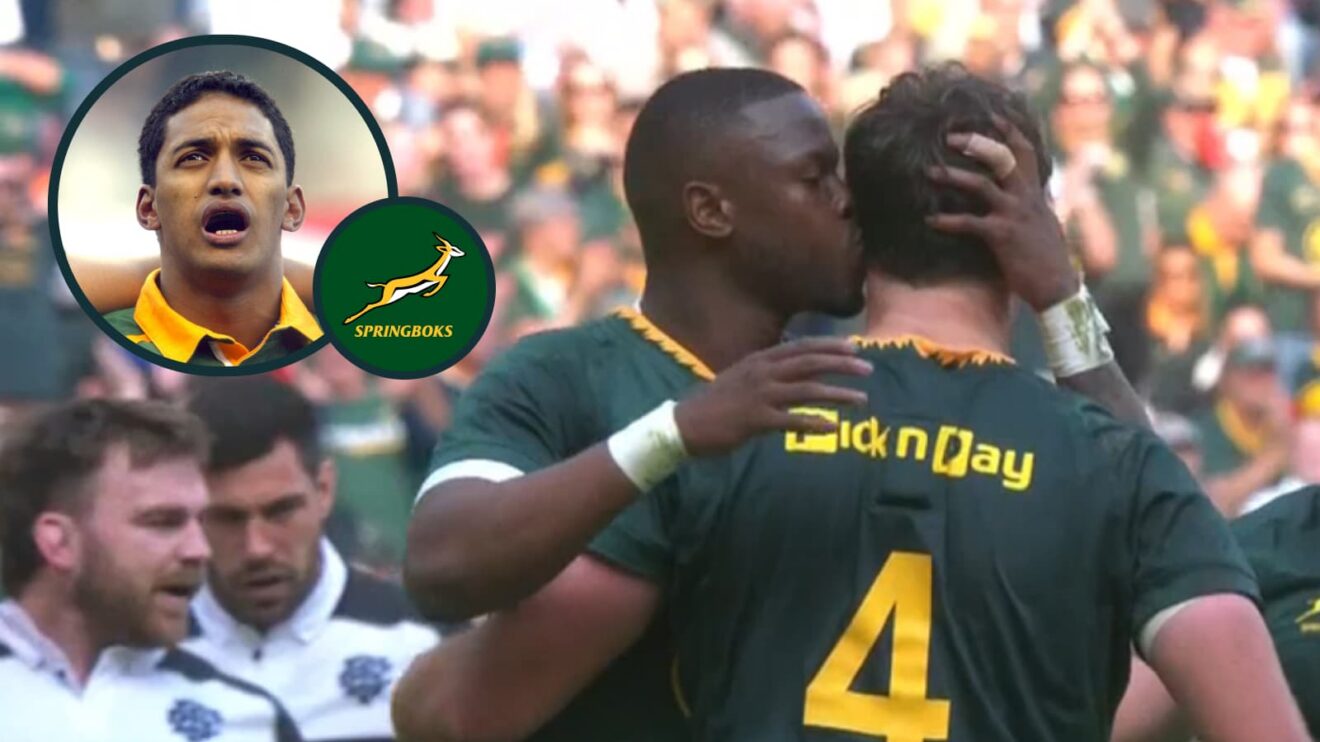 Aphelele Fassi celebrates with Riley Norton and an inset of Springboks great Breyton Paulse.