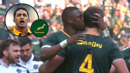 Aphelele Fassi celebrates with Riley Norton and an inset of Springboks great Breyton Paulse.