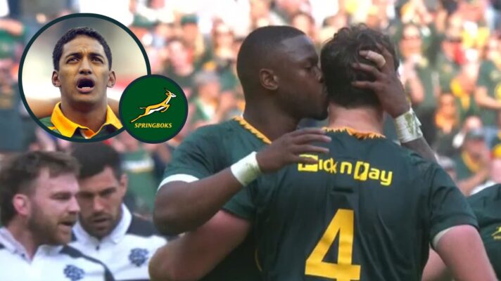 Aphelele Fassi celebrates with Riley Norton and an inset of Springboks great Breyton Paulse.