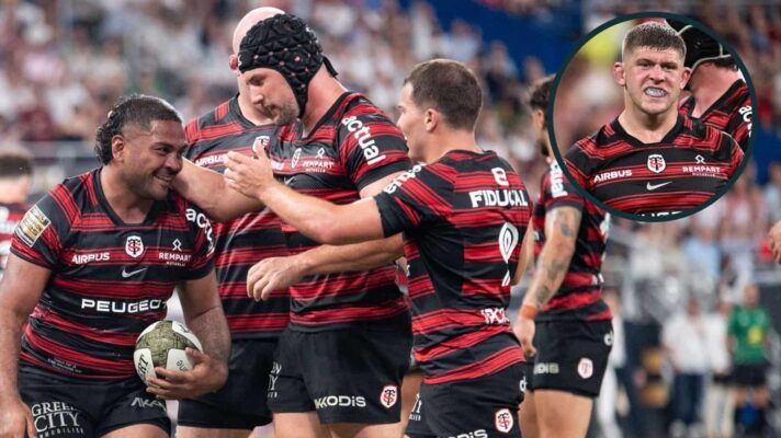 Toulouse celebrate try against Montpellier in Top 14 final and their captain Jack Willis (inset).