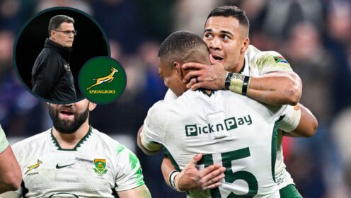 A two layered image of Cheslin Kolbe, Damian Willemse and Rassie Erasmus
