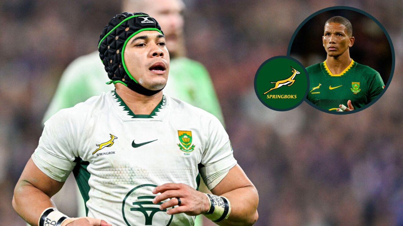 A two layered image of Cheslin Kolbe (left) and Manie Libbok (right)