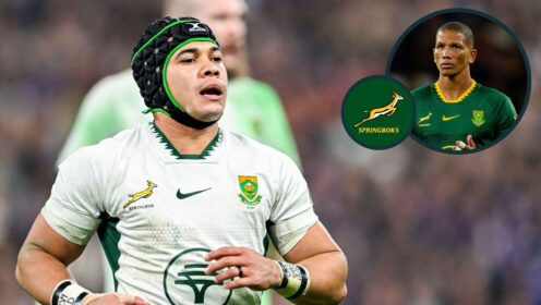 A two layered image of Cheslin Kolbe (left) and Manie Libbok (right)