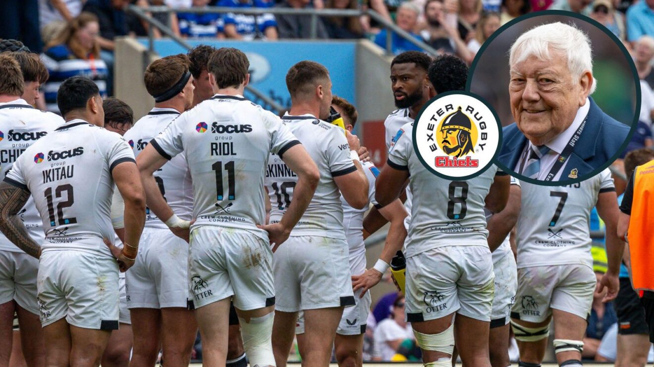 Exeter Chiefs players with an inset of Tony Rowe