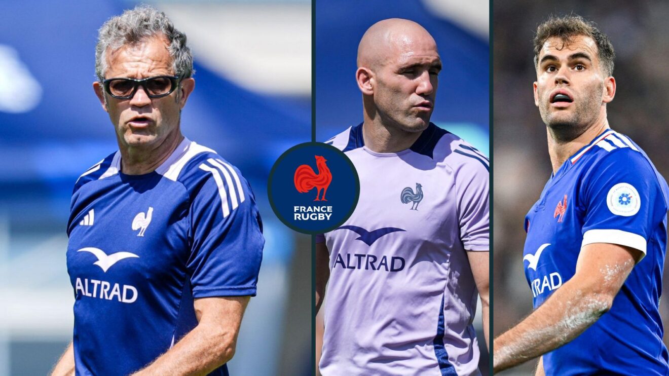 A three panel image of Fabien Galthie, Maxime Lucu and Damian Penaud