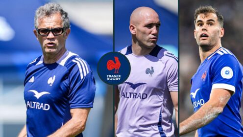 A three panel image of Fabien Galthie, Maxime Lucu and Damian Penaud