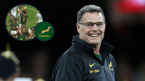 Springboks head coach Rassie Erasmus and an inset of the team's midfield maul against Italy